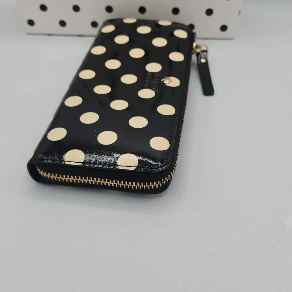 Kate Spade charming dot black and cream zip around wallet with gift box